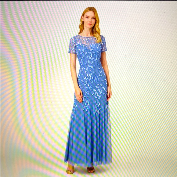 French Blue Maxi Beaded Gown with Crew Neck and Short Sleeves for Weddings - Picture 1 of 8